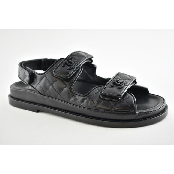 Chanel Black Leather Quilted Chain CC Logo Mule Slide Strap Flat Dad Sandal 37.5 - Picture 3 of 12